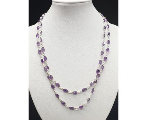 Amethyst Gemstone Chain Necklace in Sterling Silver. 36 inches long. Weight 22.87 grams. 