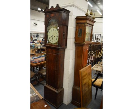 A 19th century mahogany longcase clock with eight day movement, painted arch dial (no pendulum, weights or key).