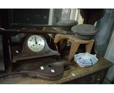 Bellows, mantel clock and other items.