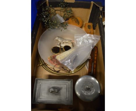 A pewter box and cover, ceiling light, Mauchline ware and other collectables.