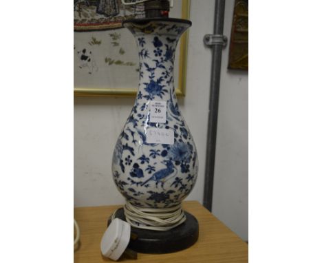A Chinese blue and white baluster shaped vase lamp (faults).