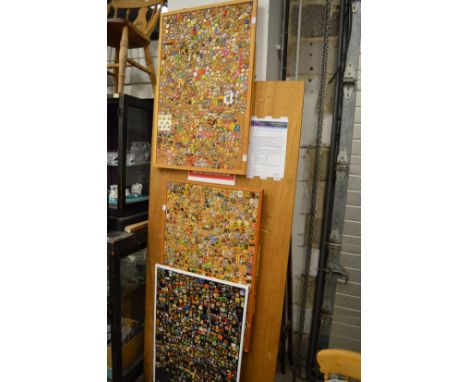 Three pin boards containing a vast array of enamel pin badges.