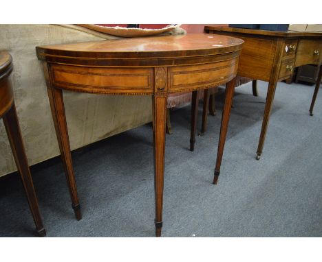 A good George III satinwood and rosewood banded demi-lune fold-over card table.