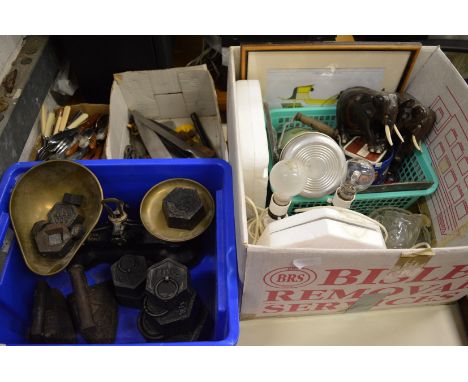 Household miscellaneous to include cast iron scales and weights, kitchen knives etc.