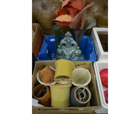 A group of lamp shades, glass vase etc.