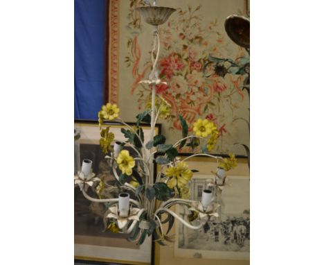 A painted six branch chandelier on naturalistic form.