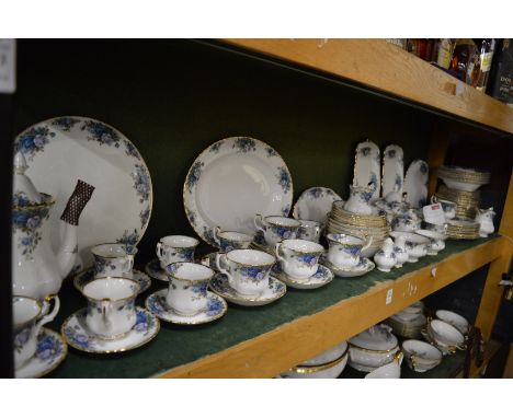 A comprehensive collection of Royal Albert Moonlight Blue porcelain to include numerous plates, cups, saucers, coffee pot, te