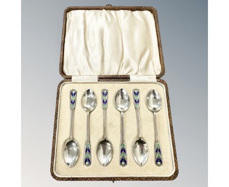 An Art Deco set of six silver and enamel teaspoons, William Hutton &amp; Sons, Birmingham 1931, cased. 