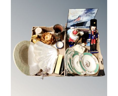Two boxes of ceramics, Royal Doulton character jugs, nut cracker figures, fireside rug, books etc 