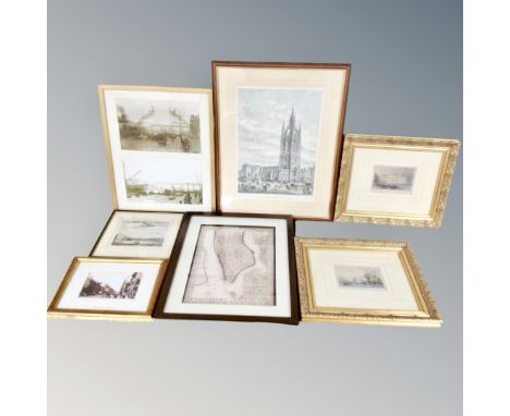 Seven assorted hand coloured engravings - Scenes of Newcastle and Tynemouth, print plan of New York, monochrome photograph of