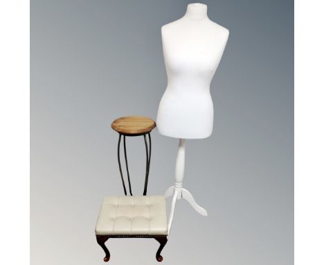 A Ducal pine plant stand on metal legs together with dress maker's mannequin and vinyl footstool 