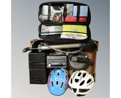 A car cleaning kit together with a Panasonic micro hifi, cycle helmet, pump, pestle and mortar 