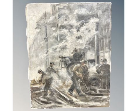 Danish school : figures by a steam engine, oil on canvas, 45 cm 58 cm 
