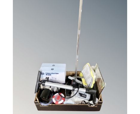 A box of 2000w fan heater, kitchen storage canisters and boxes, bicycle foot pump, digital bathroom scales etc 