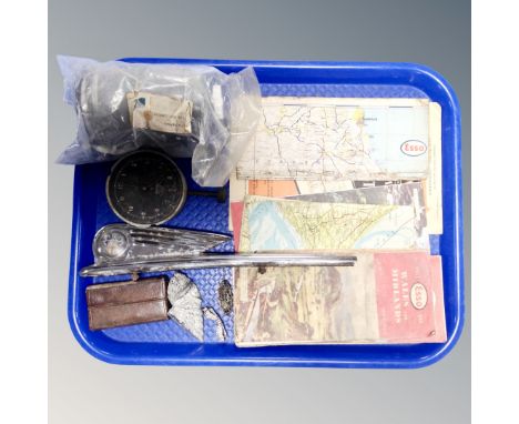 A tray of vintage folded Esso maps, car bonnet mascot, Smiths clock movement etc 