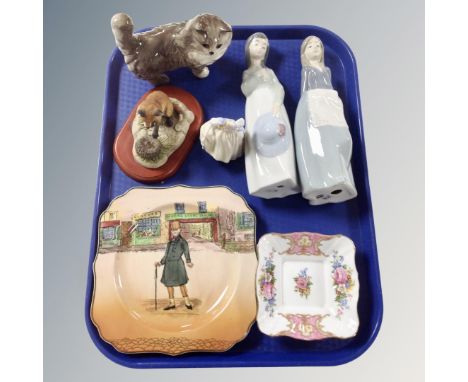 A tray of assorted ceramics, Beswick cat figure, Nao figures, miniature Doulton figure etc 