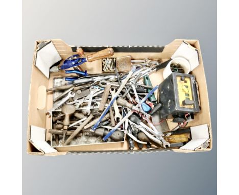 A box of assorted hand tools, ring spanners, egg whisk drill together with Kienzle taxi fair meter 