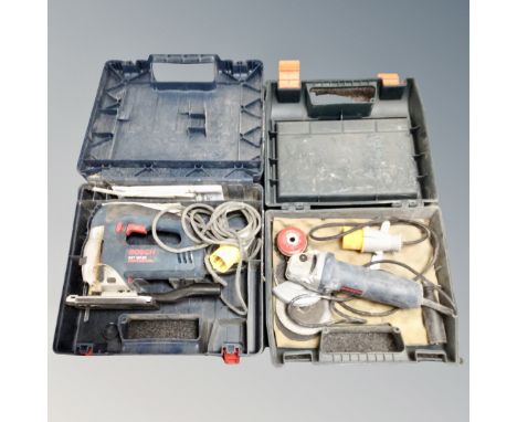 A Bosch Professional jigsaw together with a Bosch angle grinder, both parts cased 110v.