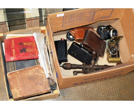 2 BOXES WITH VINTAGE BRASS HOUGHTON BUTCHER NUMBER 6 CAMERA &amp; OTHER CAMERAS, OLD DRILL, BOOKS ETC