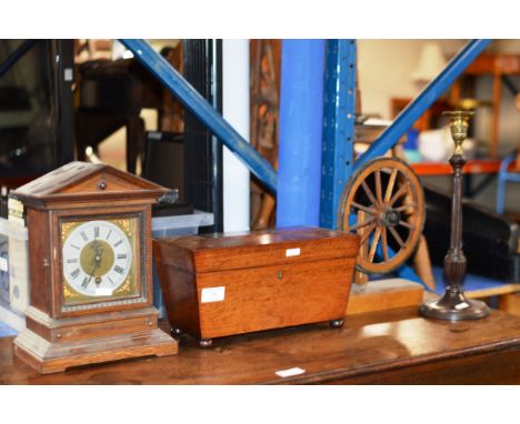 ORNAMENTAL WAGON WHEEL, WOODEN CANDLE STICK, MAHOGANY TEA CADDY &amp; MAHOGANY CASED CLOCK     