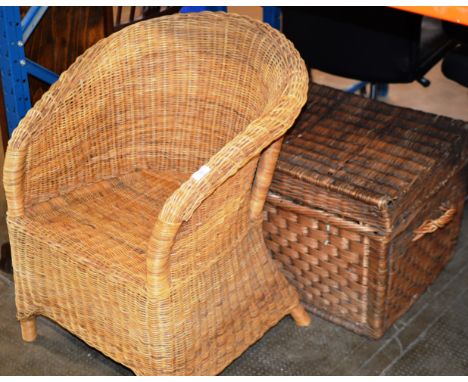 WICKER TUB CHAIR &amp; LARGE WICKER HAMPER     