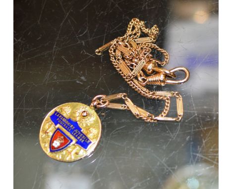 9 CARAT GOLD &amp; ENAMEL FOOTBALL MEDAL &amp; CHAIN - APPROXIMATE WEIGHT = 15.5 GRAMS     