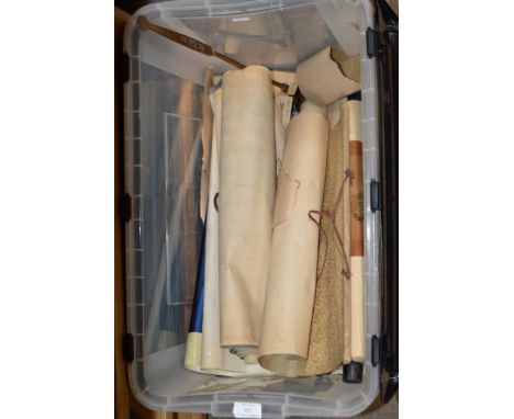 BOX WITH VARIOUS ORIENTAL PICTURES, COPPER LADLE, WOODEN STAND ETC     
