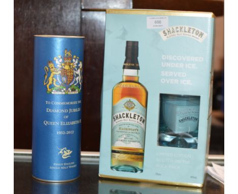 SHACKLETON LIMITED EDITION SCOTCH ON THE ROCK PACK - 70CL, 40% VOL &amp; QUEEN ELIZABETH II COMMEMORATIVE BOTTLE - 70CL, 46% 