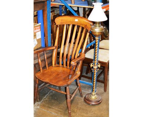 OAK SPAR BACK CHAIR &amp; TWIST COLUMN PARAFFIN FLOOR LAMP WITH FUNNEL &amp; SHADE     