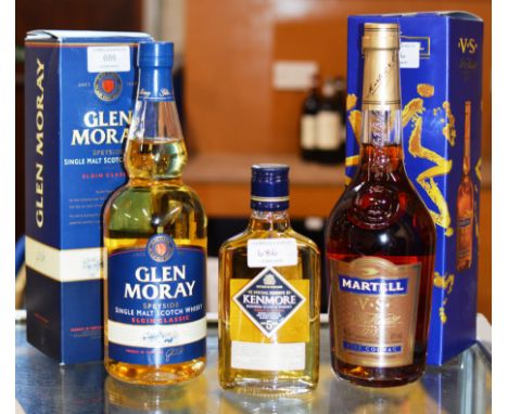 TRIPLE SPIRIT SELECTION COMPRISING GLEN MORAY SINGLE MALT SCOTCH WHISKY, WITH PRESENTATION BOX - 70CL, 40% VOL, MARTELL VS FI
