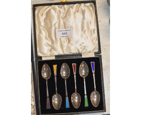 CASED SET OF 6 BIRMINGHAM STERLING SILVER &amp; ENAMEL SPOONS BY BARKER BROTHERS DATED 1935     