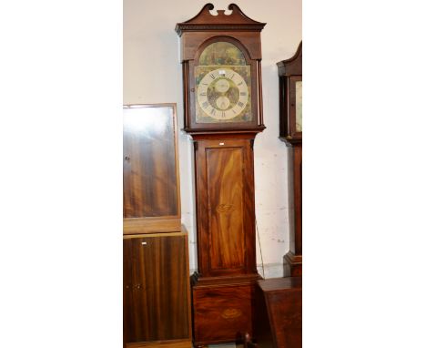 7' INLAID MAHOGANY CASED GRANDFATHER CLOCK WITH PAINTED FACE     