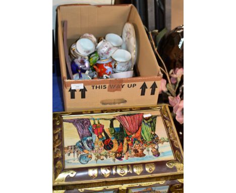 BOX WITH MIXED CERAMICS, HUMMEL FIGURINES, TEA WARE, NOVELTY TIN ETC     