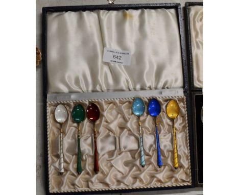 CASED SET OF 6 NORWEGIAN SILVER &amp; GUILLOCHE ENAMEL COFFEE SPOONS     