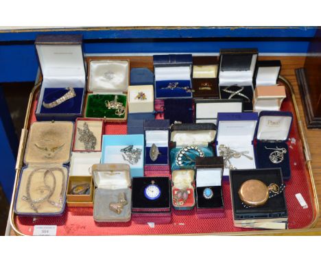 TRAY WITH ASSORTED SILVER JEWELLERY, GUILLOCHE ENAMEL WATCH FOB, GOLD PLATED POCKET WATCH ETC     