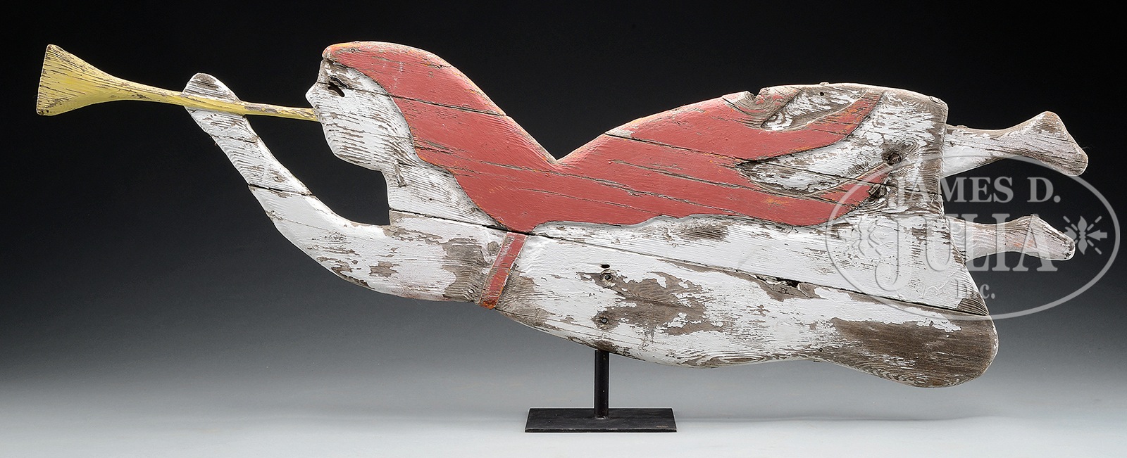 LARGE CARVED FIGURE OF ANGEL GABRIEL BLOWING TRUMPET, POSSIBLY A