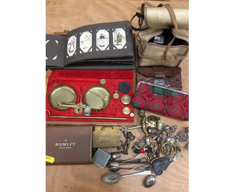 Set of postal scales in wooden case, together with Cromwell series cigarette cards in album, thimbles and sundries