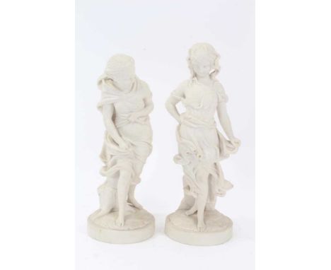 Pair of Victorian Parian ware figures attributed to Royal Worcester - Before the Wind, Against the Wind, unmarked, 26.5cm and
