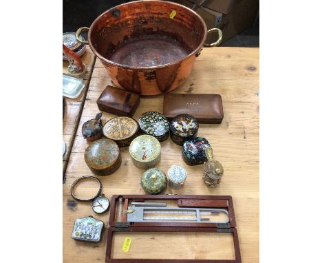 Copper preserve pan, Negretti &amp; Zambra thermometer, decorative trinket boxes and sundries