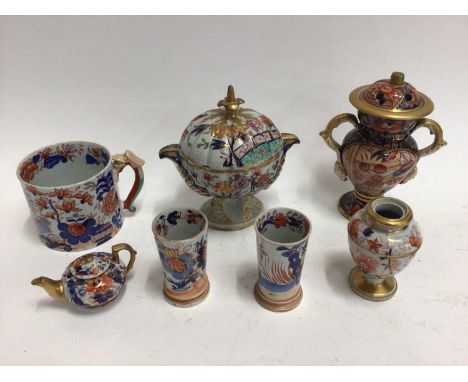 Early 19th century Masons Ironstone Imari wares, including a twin handled vase, dessert tureen, mug, smaller vase, two spill 