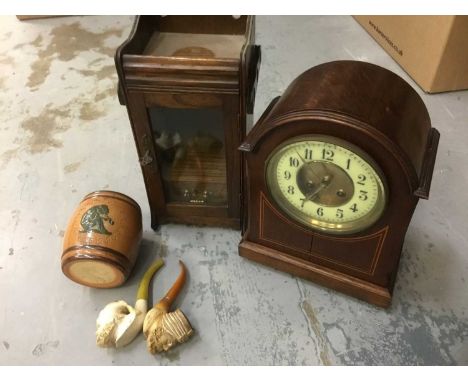 Edwardian mahogany mantel clock, arched form 31cm high together with a smokers cabinet, cigar cutter,  Doulton tobacco pot (m