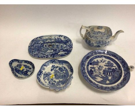 Small collection of 19th century blue and white transfer ware, including a Willow pattern warming dish, a drainer printed wit