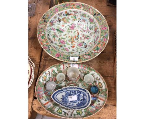 Large Cantonese Famille Rose bowl, together with a similar oval plate and other Chinese porcelainCondition report: Basin - br