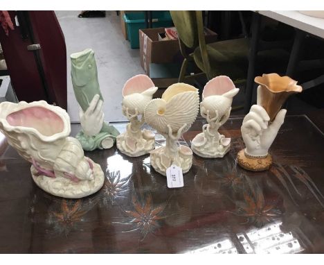 Collection of Victorian bisque porcelain shell vases , fish and hand vase ( 6)Condition report: Minton fish vase- firing crac