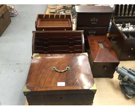 Victorian flamed mahogany casket with brass mounted corners together with a mahogany tea caddy, letter rack, bank of three dr