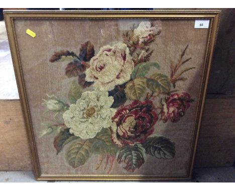 Victorian tapestry panel of Roses in glazed framed with Parker Gallery label verso, 52 x 53cm overall