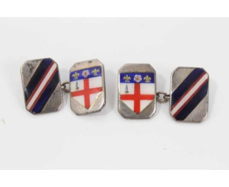 Pair of 1930s silver and enamel cufflinks with the crest of Christ's Hospital School, in fitted case