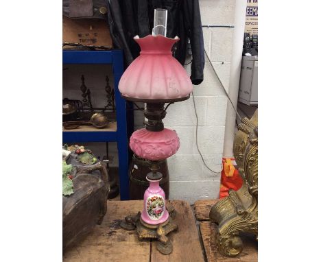 19th Century oil lamp with hand painted floral decoration, frosted pink glass reservoir and shadeCondition report: Ceramic ba