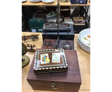 Two boxes of photo slides, a playing card box, a set of scales with wooden drawer, a leather stationery box and an inkstand