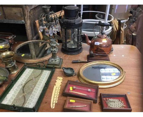 Old lantern, gavel, copper kettle and sundries